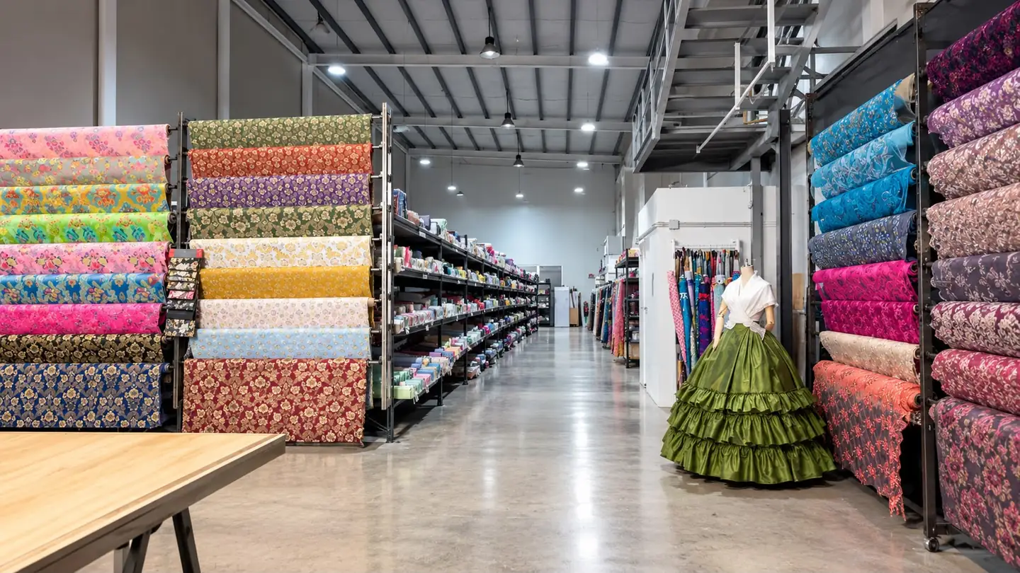 Brocados y sedas en rollo junto a un vestido verde en Tejidos Masquetela