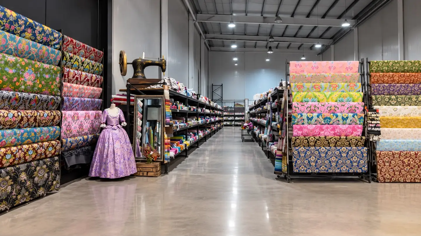 Pasillo de la tienda Tejidos Masquetela con brocados y un vestido de época